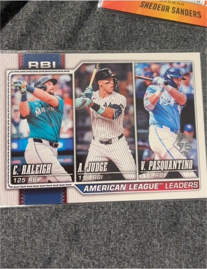 2026 Topps Series 1 #211 American League RBI Leaders Cal Raleigh, Aaron Judge, Vinnie Pasquantino — front