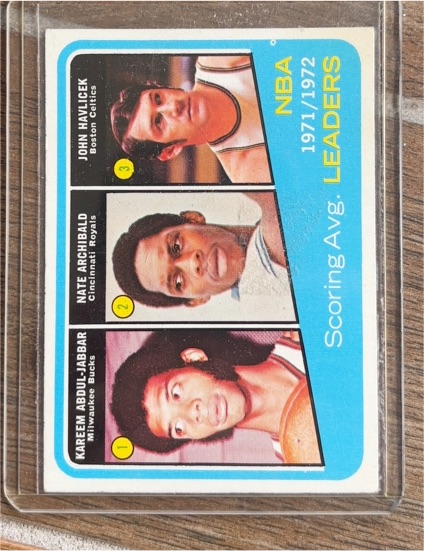 1972-73 Topps #172 Kareem Abdul-Jabbar/Nate Archibald/John Havlicek Scoring Avg Leaders — front