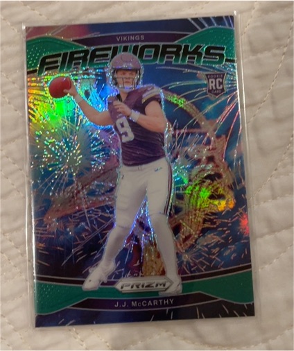 2024 Panini Prizm #18 J.J. McCarthy Fireworks Green Prizm Rookie — front