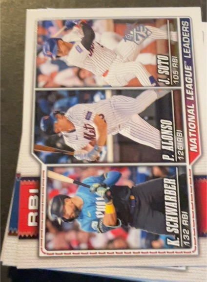 2026 Topps Series 1 #11 National League RBI Leaders Kyle Schwarber / Pete Alonso / Juan Soto — front