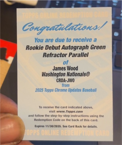 2025 Topps Chrome Update #CRDA-JWO James Wood Rookie Debut Autograph Green Refractor Parallel — front