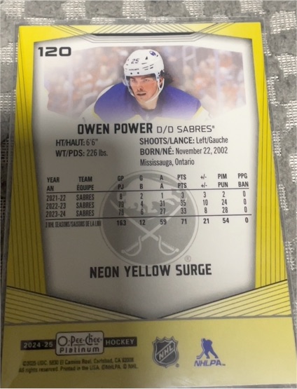 2024-25 O-Pee-Chee Platinum #120 Owen Power Neon Yellow Surge — front