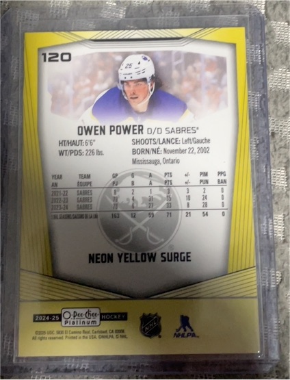 2024-25 O-Pee-Chee Platinum #120 Owen Power Neon Yellow Surge — front