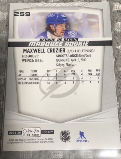 2024-25 O-Pee-Chee Platinum #259 Maxwell Crozier Marquee Rookie — front