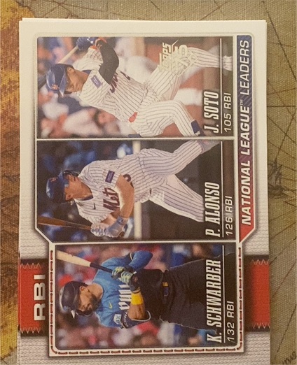 2026 Topps Series 1 #11 National League RBI Leaders Kyle Schwarber / Pete Alonso / Juan Soto — front