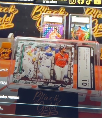 2025 Topps Series 1 League Leaders Shohei Ohtani M Ozuna L Arraez /25 Orange SP — front