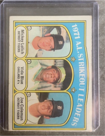 1972 Topps #96 1971 A.L. Strikeout Leaders Mickey Lolich, Vida Blue, Joe Coleman — front