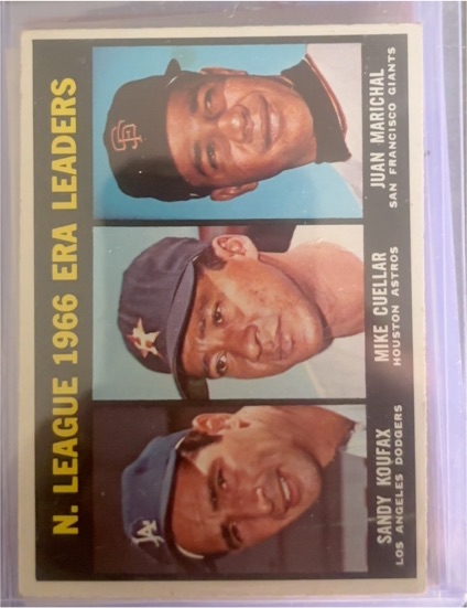 1967 Topps #234 NL ERA Leaders Sandy Koufax Juan Marichal Mike Cuellar — front