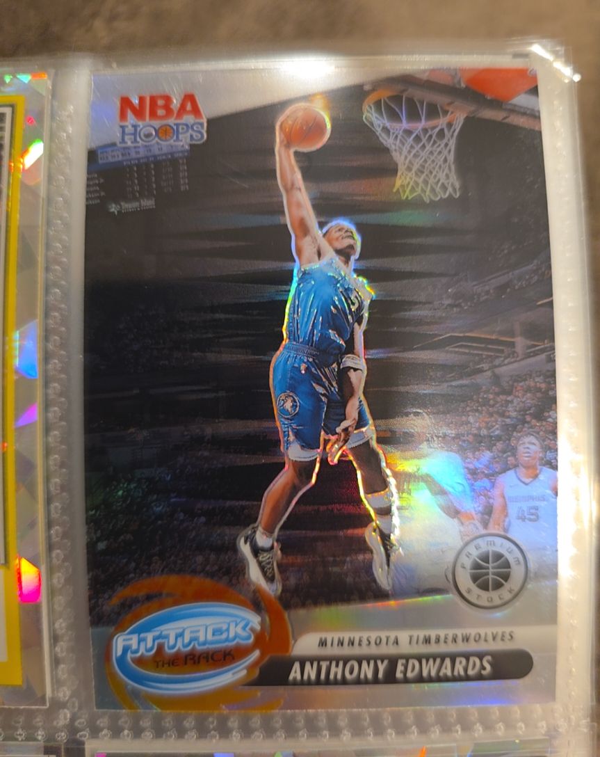 2023-24 Panini NBA Hoops Premium Stock #7 Anthony Edwards Attack The Rack Silver Prizm — front