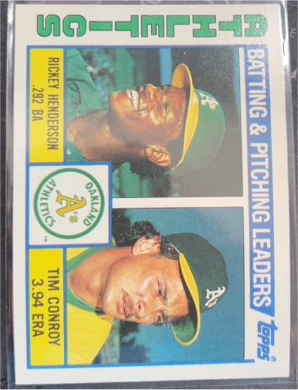 1984 Topps #156 Athletics Leaders Rickey Henderson/Tim Conroy — front