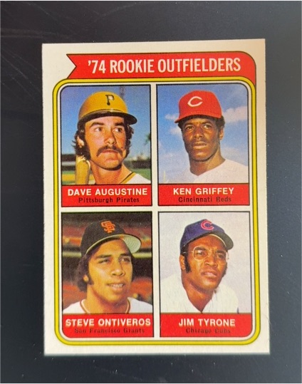 1974 Topps #598 Rookie Outfielders Dave Augustine, Ken Griffey Sr., Steve Ontiveros, Jim Tyrone — front
