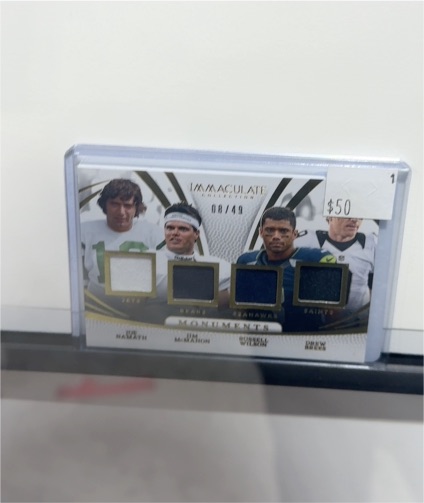 2025 Panini Immaculate Collection #1 Joe Namath Jim McMahon Russell Wilson Drew Brees Monuments Quad Patch — front