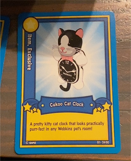 2007 Ganz Webkinz Trading Card B1-39/80 Cukoo Cat Clock — front