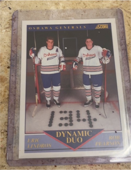 1991-92 Score #385 Eric Lindros Rob Pearson Dynamic Duo Oshawa Generals — front