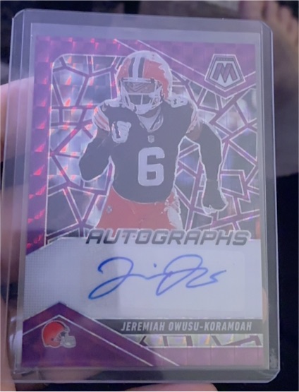 2025 Panini Mosaic #AMC-JOK Jeremiah Owusu-Koramoah Autographs Purple Mosaic — front