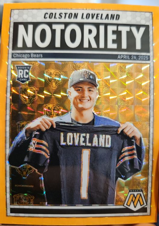 2025 Panini Mosaic #24 Colston Loveland Notoriety Orange Fluorescent Rookie Card — front