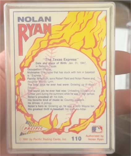 1991 Pacific Nolan Ryan Texas Express #110 — front