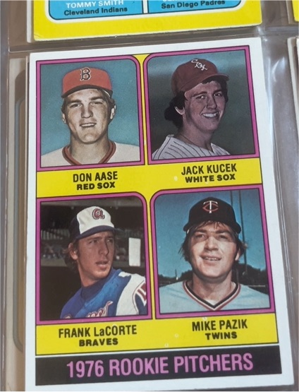 1976 Topps #597 Rookie Pitchers Don Aase, Jack Kucek, Frank LaCorte, Mike Pazik — front