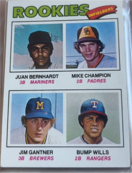1977 Topps #494 Rookie Infielders Juan Bernhardt Mike Champion Jim Gantner Bump Wills — front