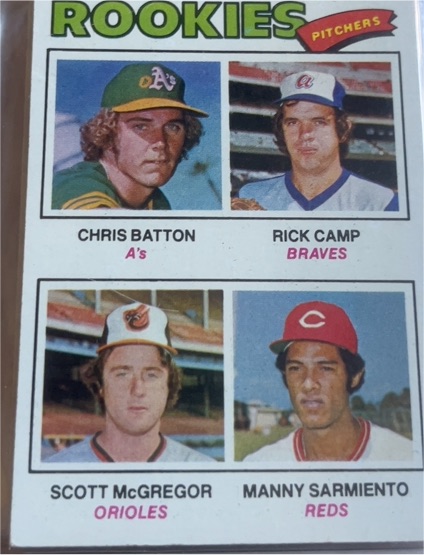 1977 Topps #475 Rookie Pitchers Chris Batton/Rick Camp/Scott McGregor/Manny Sarmiento — front