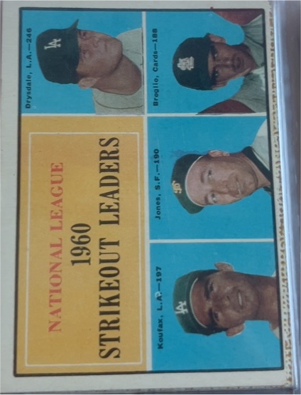 1961 Topps #49 National League 1960 Strikeout Leaders Drysdale, Koufax, Jones, Broglio — front