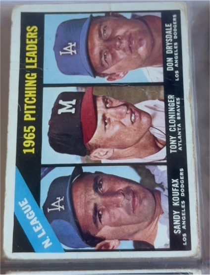 1966 Topps #223 League Leaders Sandy Koufax, Don Drysdale, Tony Cloninger — front