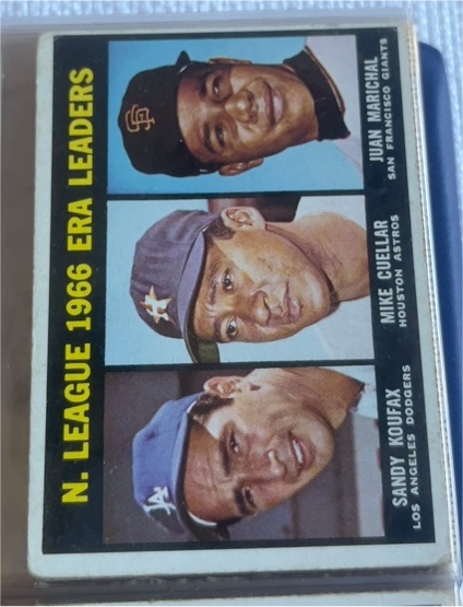 1967 Topps #234 1966 NL ERA Leaders Sandy Koufax Mike Cuellar Juan Marichal — front