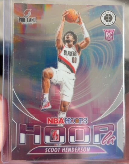 2023-24 Panini NBA Hoops Premium Stock #13 Scoot Henderson Hoopla Silver Prizm Rookie Card — front