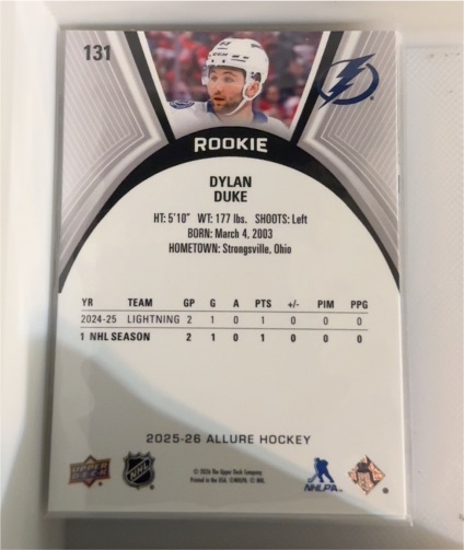 2025-26 Upper Deck Allure Hockey #131 Dylan Duke — front