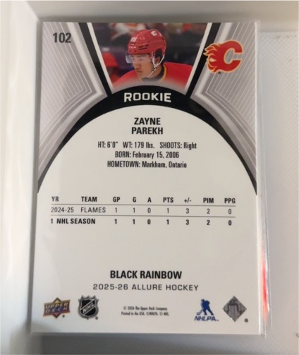 2025-26 Upper Deck Allure #102 Zayne Parekh Black Rainbow Rookie Calgary Flames — front