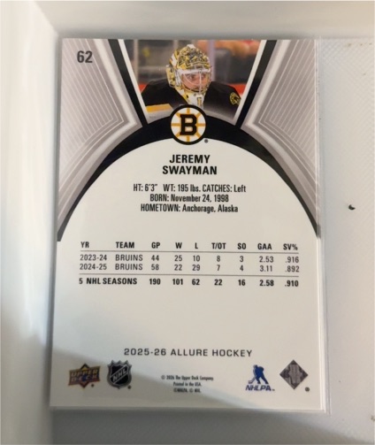 2025-26 Upper Deck Allure #62 Jeremy Swayman — front
