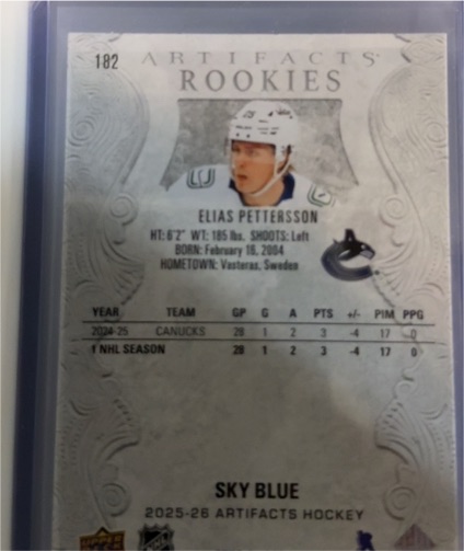 2025-26 Upper Deck Artifacts #182 Elias Pettersson Rookies Sky Blue — front