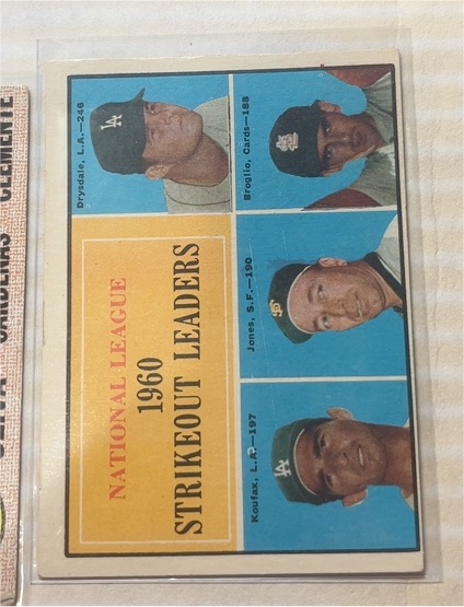 1961 Topps #49 National League 1960 Strikeout Leaders Drysdale, Broglio, Jones, Koufax — front