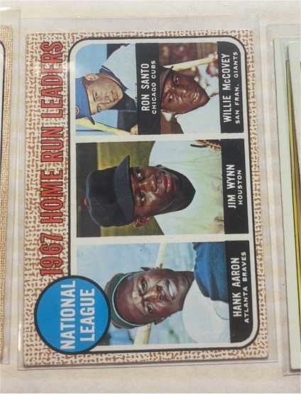 1968 Topps #5 National League 1967 Home Run Leaders Hank Aaron, Willie McCovey, Ron Santo, Jim Wynn — front