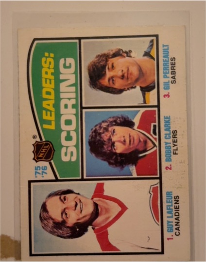 1976-77 Topps #3 Scoring Leaders Guy Lafleur Bobby Clarke Gilbert Perreault — front