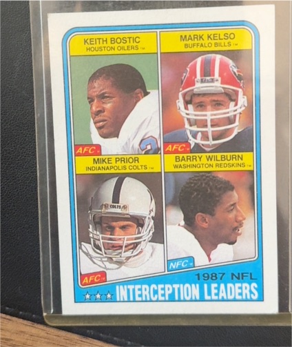 1988 Topps #219 1987 NFL Interception Leaders Keith Bostic/Mark Kelso/Mike Prior/Barry Wilburn — front