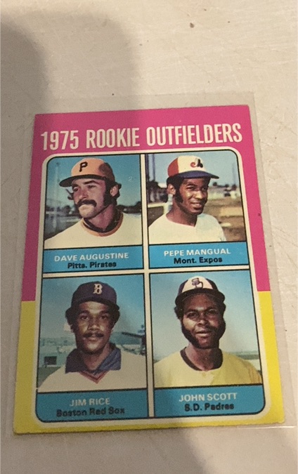 1975 Topps #616 Rookie Outfielders Dave Augustine, Pepe Mangual, Jim Rice, John Scott — front