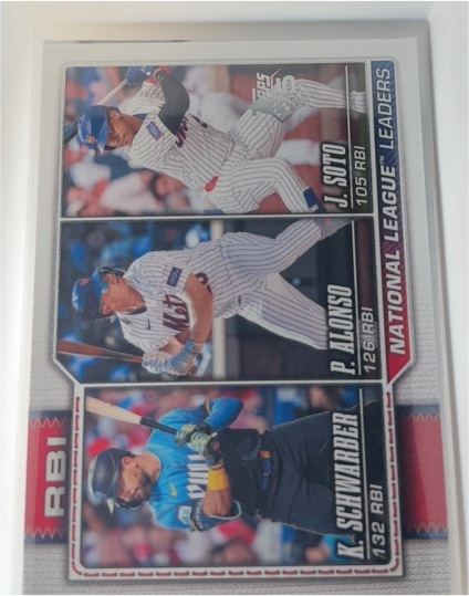 2026 Topps Series 1 #11 National League Leaders RBI Kyle Schwarber / Pete Alonso / Juan Soto — front