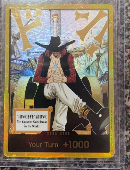 One Piece OP14 DON!! Card Hawk-Eye Mihawk The Azure Sea's Seven — front
