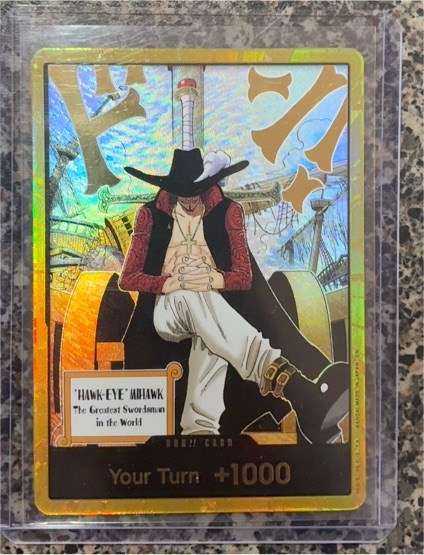 One Piece TCG OP14 Gold Frame DON!! Card Hawk-Eye Mihawk — front
