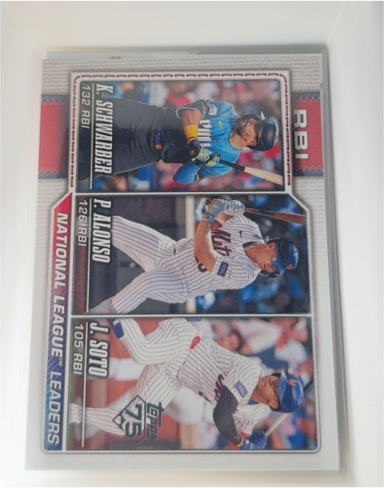 2026 Topps Series 1 #11 Kyle Schwarber / Pete Alonso / Juan Soto National League Leaders RBI — front