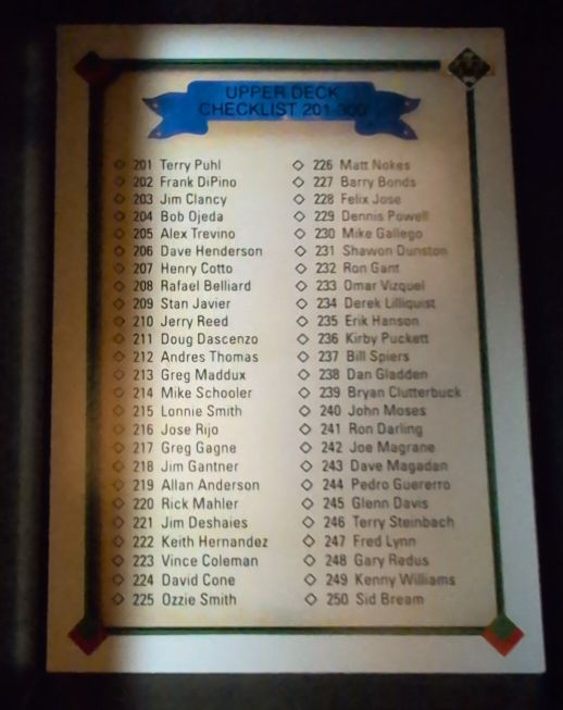 1991 Upper Deck #300 Checklist 201-300 — front
