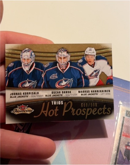 2015-16 Fleer Showcase #101 Hot Prospects Trios Joonas Korpisalo Oscar Dansk Markus Hannikainen — front