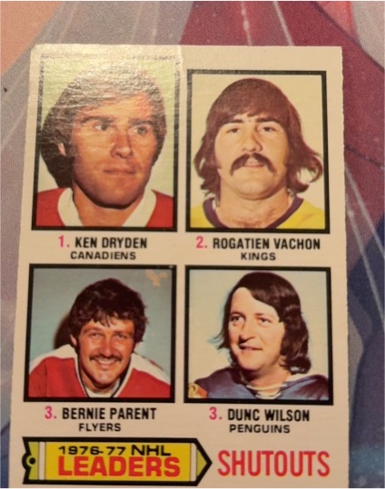 1977-78 Topps #8 NHL 1976-77 Shutout Leaders Ken Dryden, Rogatien Vachon, Bernie Parent, Dunc Wilson — front