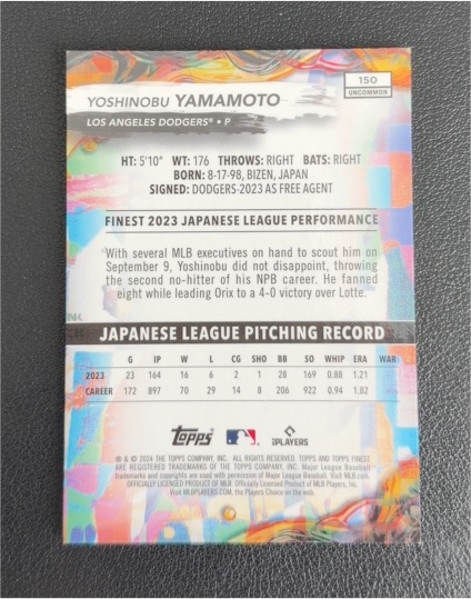 2024 Topps Finest #150 Yoshinobu Yamamoto — front