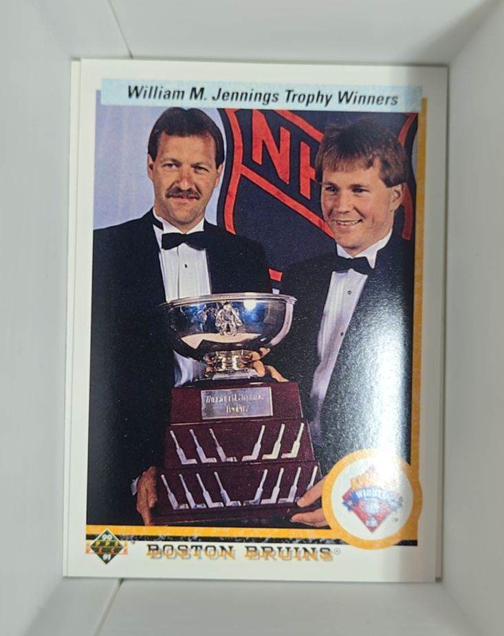 1990-91 Upper Deck #209 William M. Jennings Trophy Winners Andy Moog, Rejean Lemelin — front