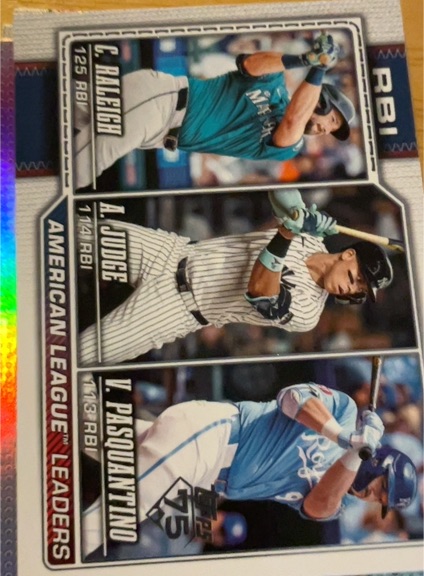2026 Topps Series 1 #211 American League Leaders RBI Cal Raleigh / Aaron Judge / Vinnie Pasquantino — front