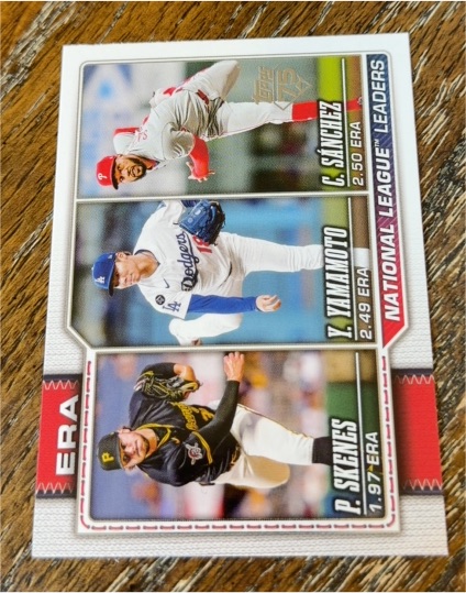 2026 Topps Series 1 #203 NL ERA Leaders Paul Skenes, Yoshinobu Yamamoto, Cristopher Sánchez — front