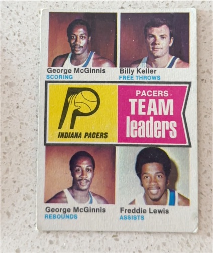 1974-75 Topps #223 Indiana Pacers Team Leaders (McGinnis / Keller / Lewis) — front