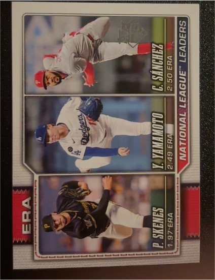 2026 Topps Series 1 #203 NL ERA Leaders Paul Skenes, Yamamoto, Sánchez — front